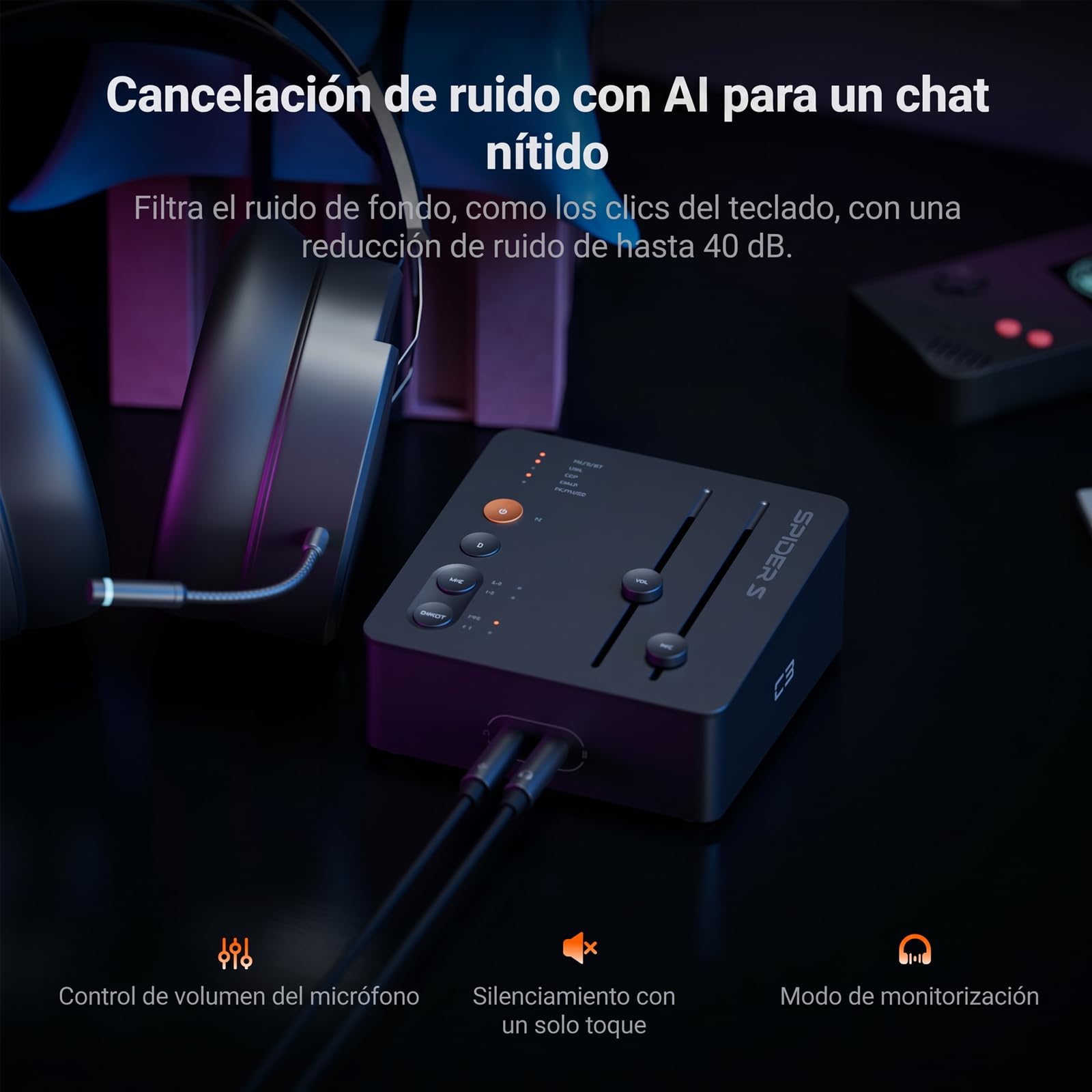 Fosi Audio C3 Gaming DAC, Tarjeta de Sonido/Sound Card USB Externa con Footstep Enhancement y 7.1 Surround Mic con Cancelacion de Ruido para FPS Gaming, XMOS Hi-Fi PCM 384kHz/DSD256 para PC/PS5/Switch