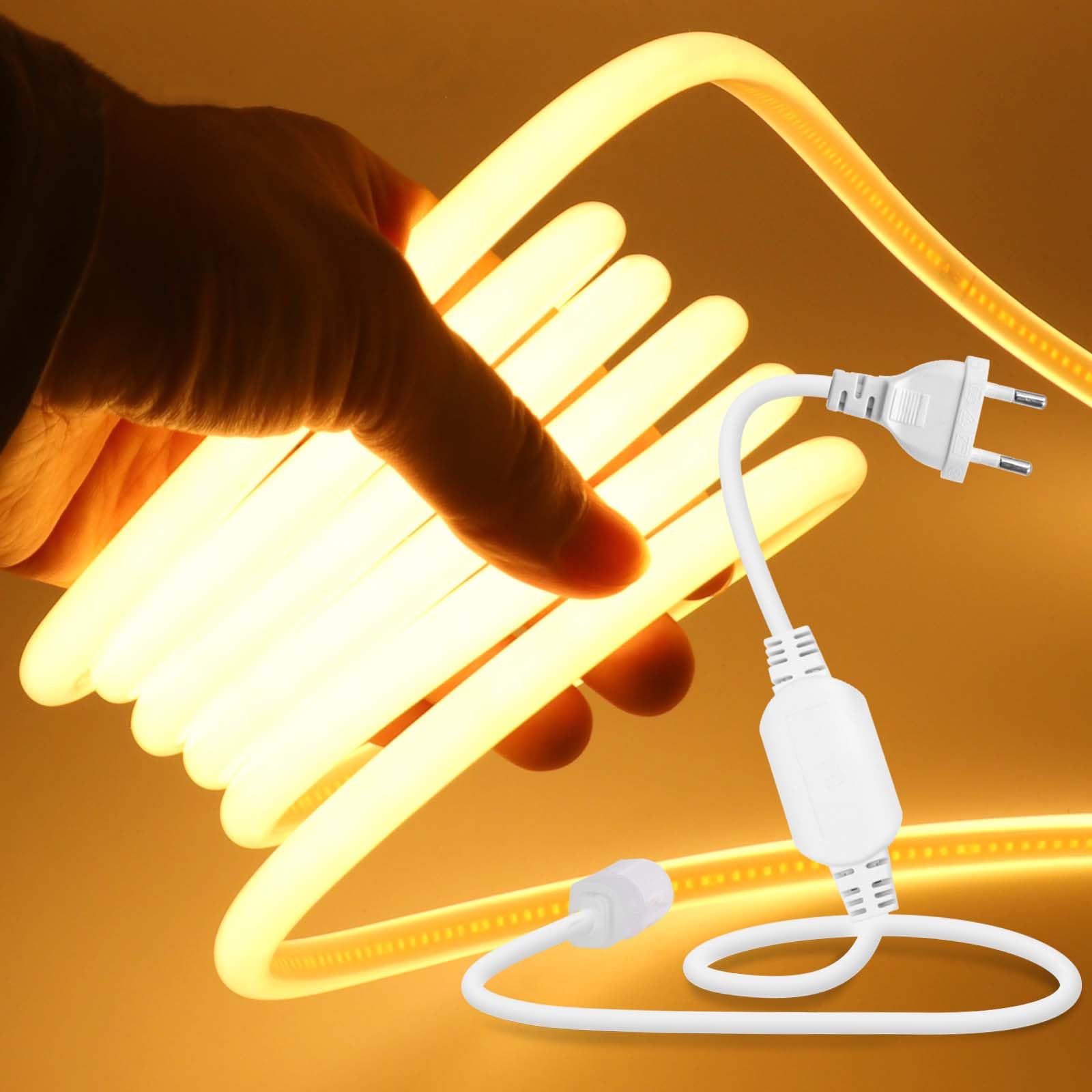 Tira de LED de neón COB 220-240V 4m, 270°iluminación, recortable (50cm), 288LEDs/m Tira de LED FCOB Blanco Cálido Flexible superbrillante con Enchufe para Navidad, decoración de fiestas