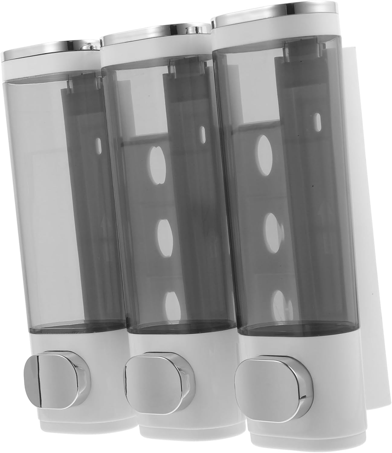 Wall-Mounted 3-Chamber Soap Dispenser for Shampoo Conditioner and Body Wash, Manual Pressed Bathroom Shower Bottle, Electroplated White Plastic, Suitable for Home and Hotel Use