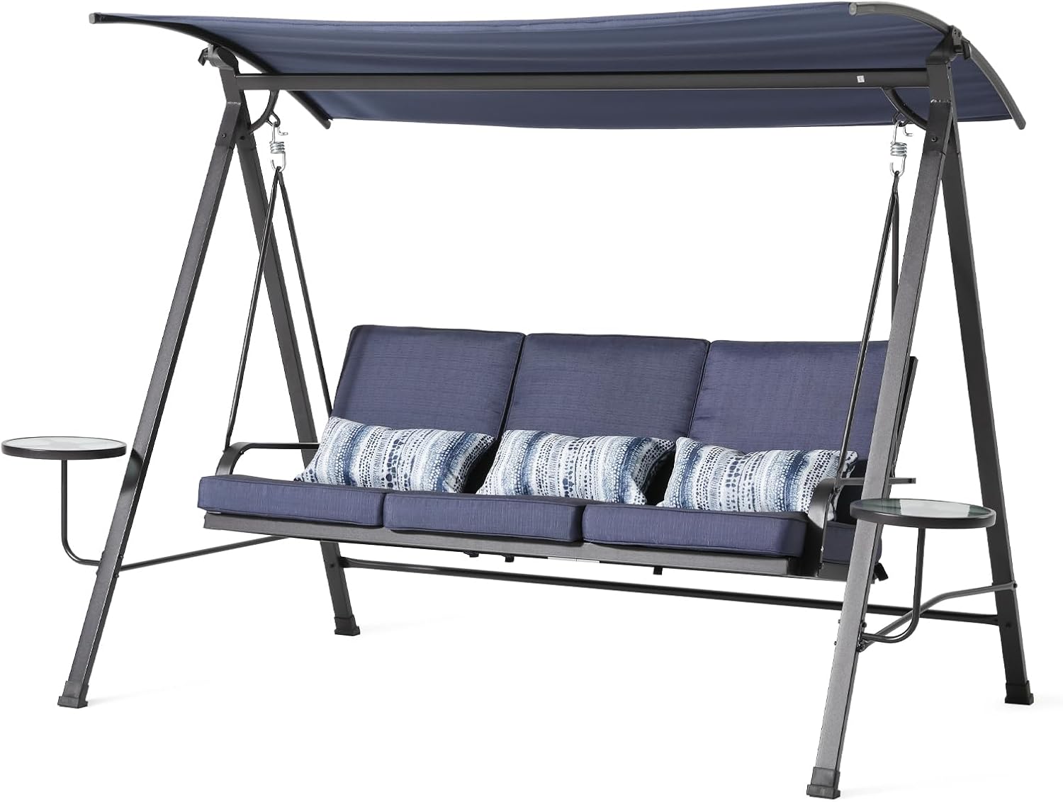 Generic Blue Steel 3-Seater Swing Porch Swing with Canopy, Outdoor Patio Swing