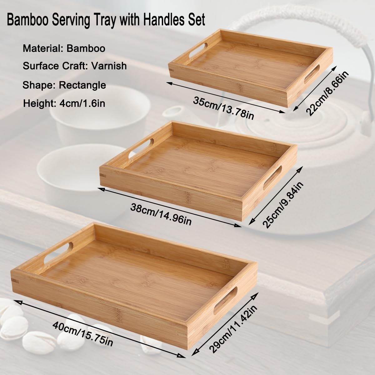 Bandeja de madera maciza, cuadrada antideslizante, para té, café, aperitivos, bandeja para servir con bordes elevados, bandejas de madera de 3 tamaños, bandejas decorativas para fiestas, servir
