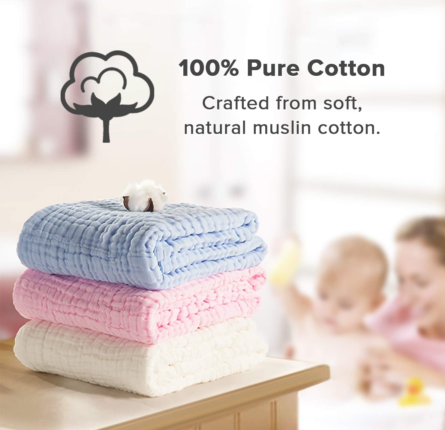 Cubble Pack of 8 Muslin Baby Washcloths, 6-Layer, 100% Cotton 30x30 cm Reusable Towels, Ultra-Soft - Image 3