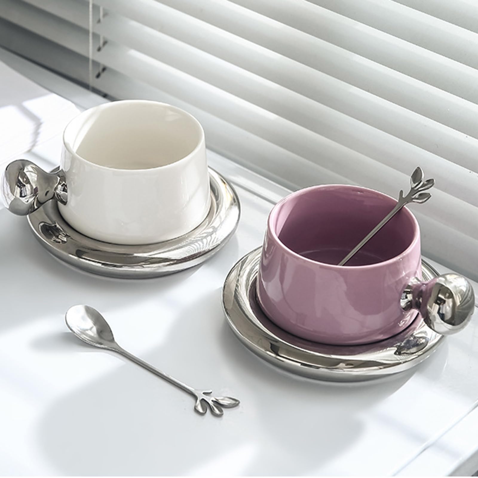 soulnioi Ceramic Coffee Mug 260ml Cute Cup with Coaster,Tea Latte Cup with Handle for Office and Home Gifts for Women Girls (Silver Purple) - Image 4