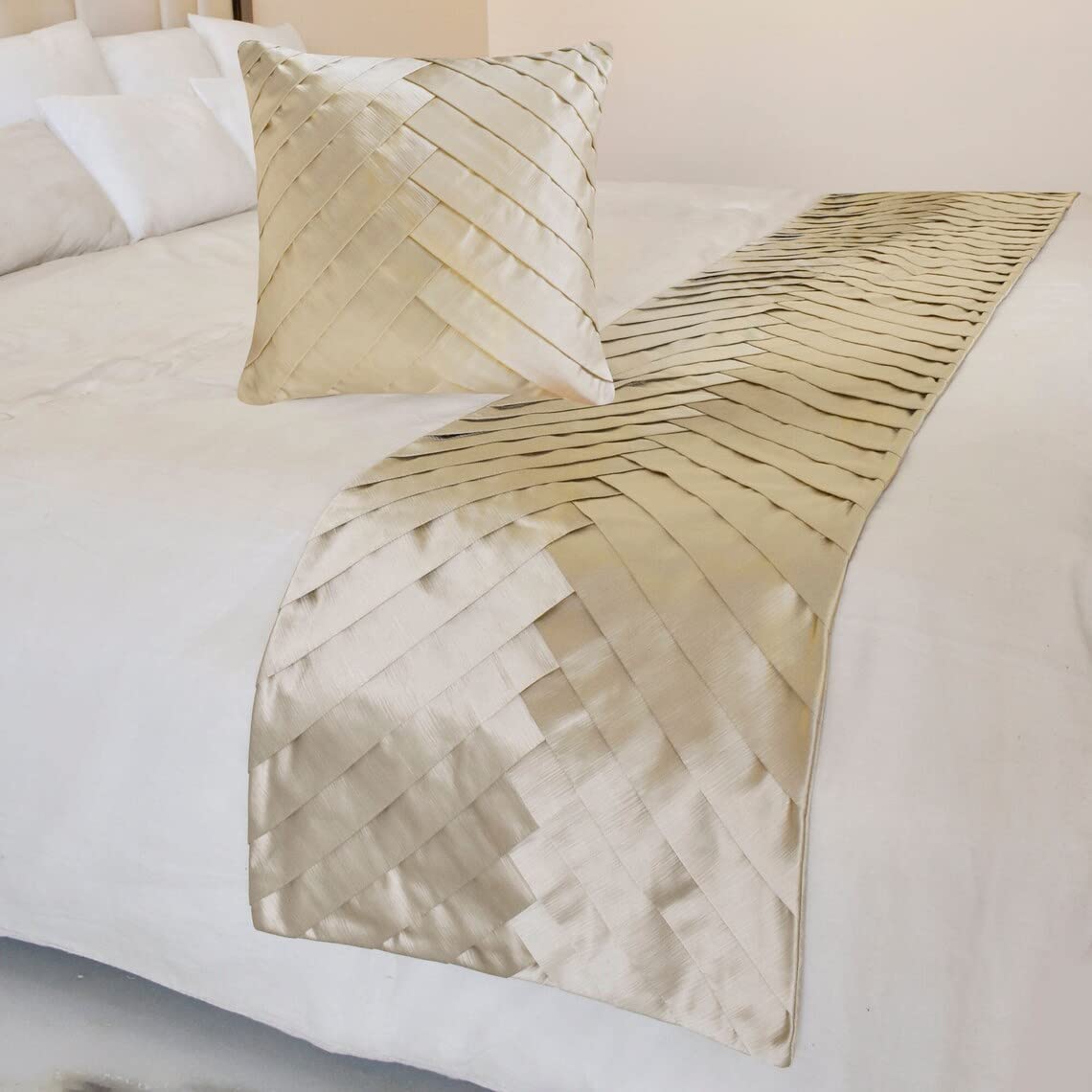 The HomeCentric King/Queen/Twin Ivory Designer King 225x45 cm Bed Runner With 2 Cushion cover, Pintucks, Textured & Satin Bed Scarf on Satin fabric - Glazed Satin — image 1