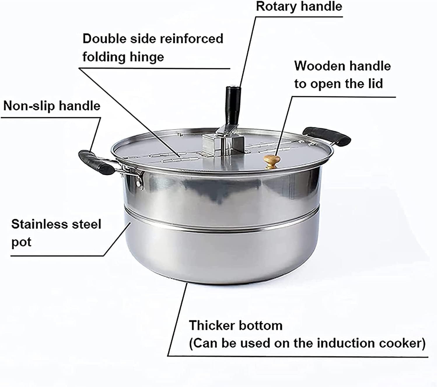 Olla para palomitas de maíz mezclada Manual, Máquina de palomitas de gas para estufa, Máquina de palomitas manual antiadherente comercial de acero inoxidable