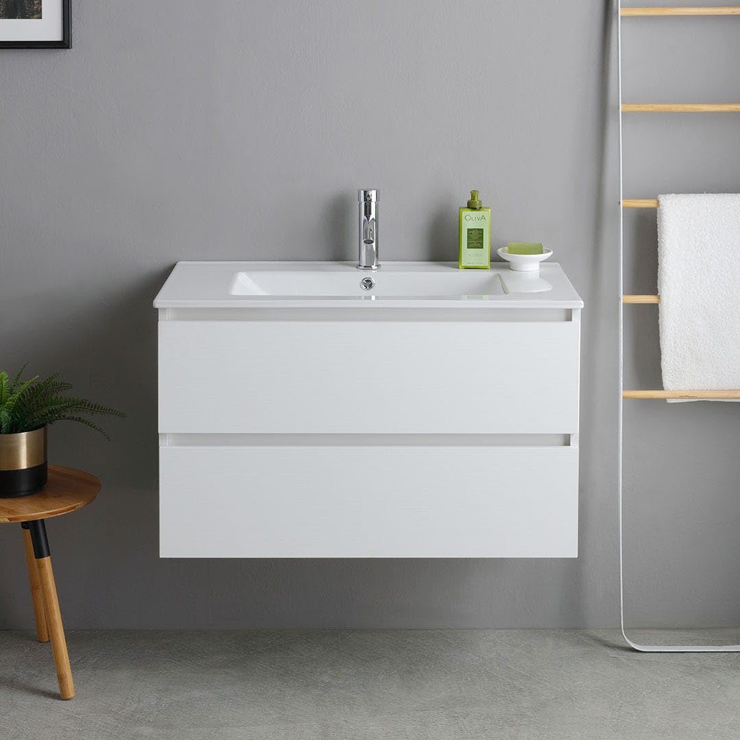 Kiamami Valentina Meuble de Salle de Bain 80 cm Blanc Effet Bois avec lavabo en céramique | Bilbao