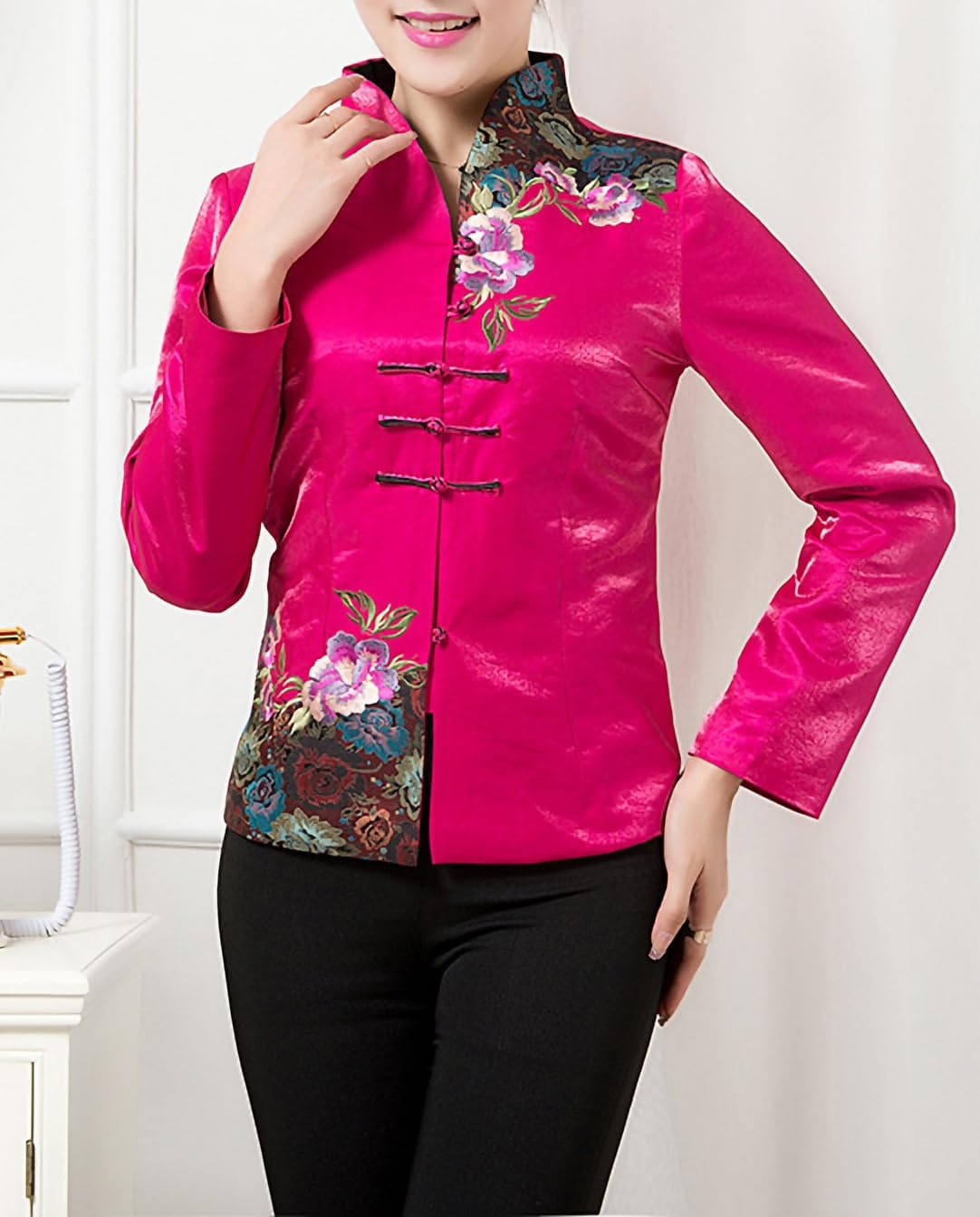 Women’s Silk Brocade Patch Flower Embroidery Shimmer Fabric Chinese Jacket
