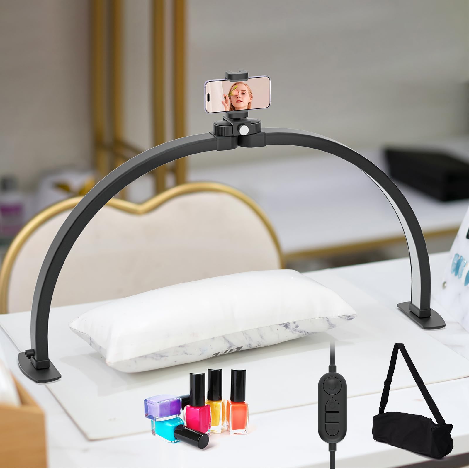 TopDirect Lampara Media Luna, 29" 42W LáMpara De Escritorio De UñAs con Soporte para Teléfono Móvil, LED Professional Nail Light Lash Light, Luz de Pestañas para SPA Facial Manicura (Negro,73cm)