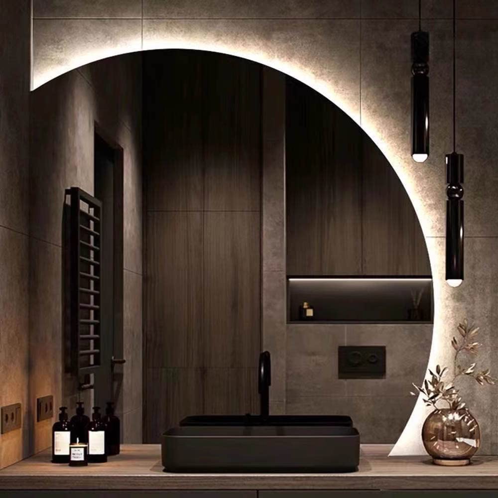 PhAsz Backlit Decorative Mirror with Touch Switch Half Circle Frameless Wall Mirror with 3 Colors Dimming Light Anti-Fog