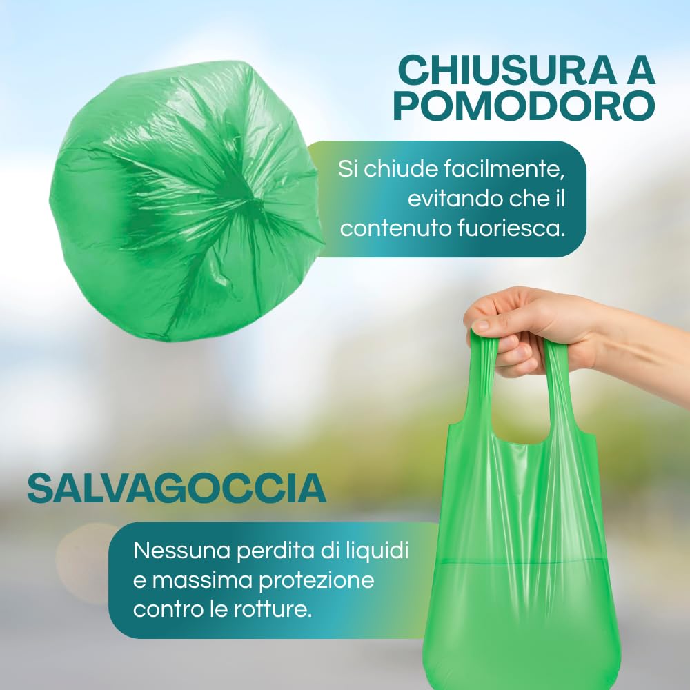 Palucart® 375 Sacchetti Biodegradabili f.to 55 x 68 da 30 Litri, Sacchi Raccolta Umido Salvagoccia con Manico lungo, 25 Rotoli da 15 Sacchi Organico compostabili e biodegradabili colore verde - M