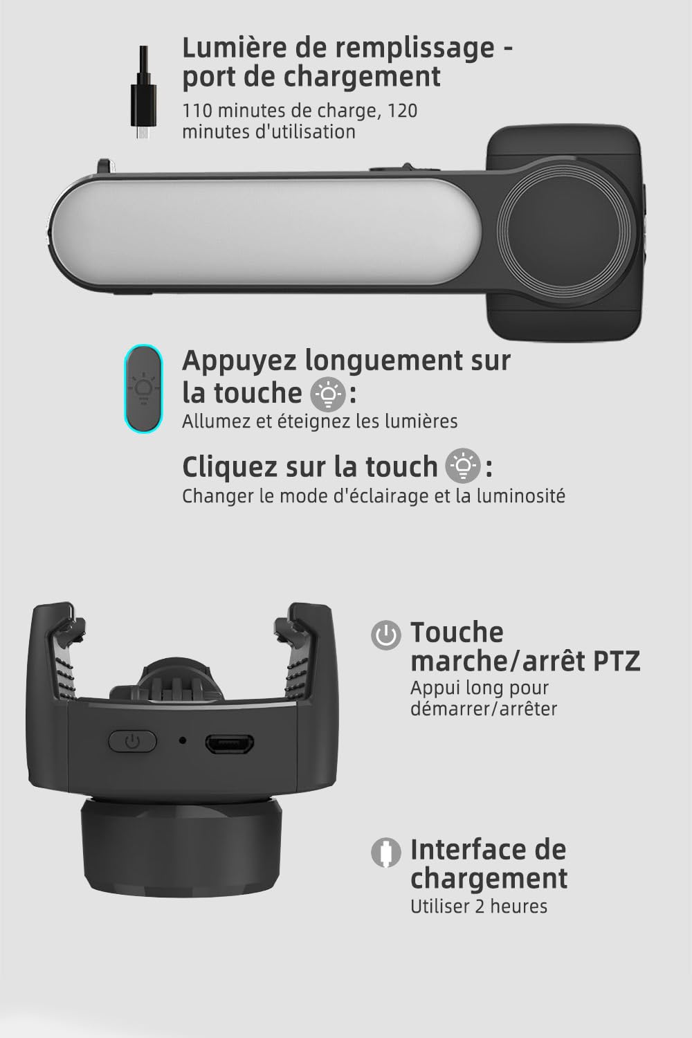 Stabilisateur Smartphone,avec lumière de Remplissage et télécommande, Portable et Pliable, Perche à Selfie à Cardan Portable pour Vidéo Vlog, Compatible avec Android/iOS