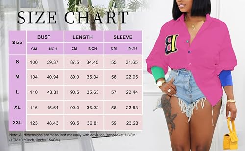 Kaimimei Shirt Dress For Women Sexy-Color Block Letter Embroidery Button Down Long Sleeve Ribbed Cuff Club Blouse Mini Dress Rose Red #TOP5