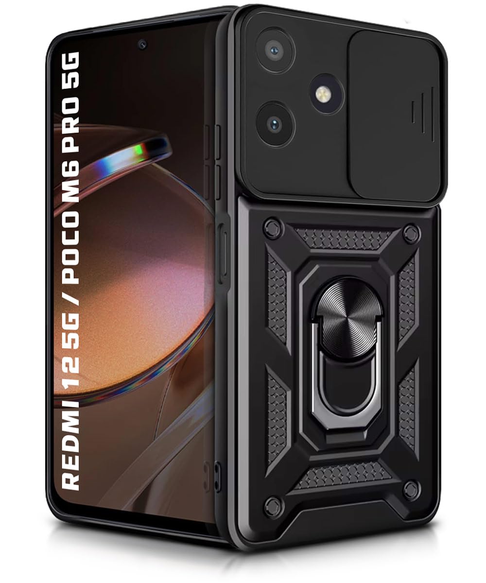WOW IMAGINE Tough Armor Bumper Mobile Back Case for Mi Redmi 12 5G | Poco M6 Pro 5G | Sliding Camera Shield Cover | Shock Proof 360° Protection | Hybrid PC + TPU | Ring Holder with Kickstand – Black