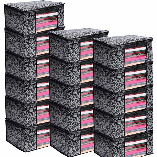 Image of Flower Printed Saree Covers for Cloth Storage & Wardrobe | Transparent Window, Zipper Closure | Black | Pack of 16 | Dustproof, Breathable, Travel & Home Use