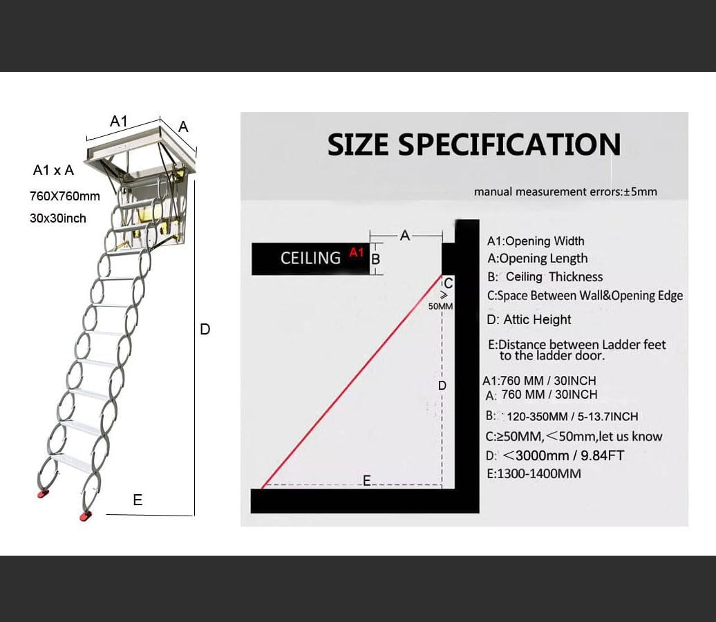 Fengze Attic Ceiling Ladder (30 x 30 inch) White and Black Attic Ladder with 12 Steps (760x760mm) Retractable Folding Extension Loft Stairs