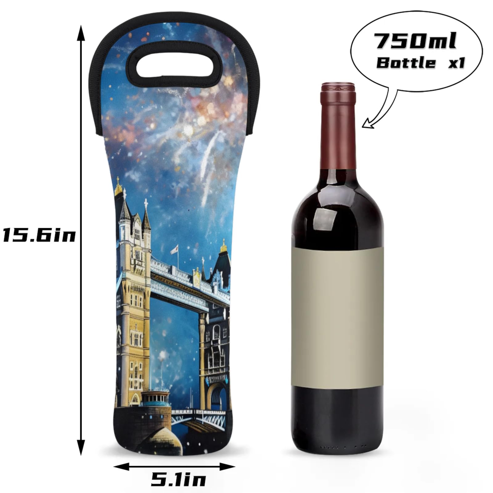 Neoprene Wine Tote Carrier Bag for Wine,Water, Champagne, Beer, Baby Bottles 15.6 x 5.1 Inches, Protective Wine Bag,London Bridge