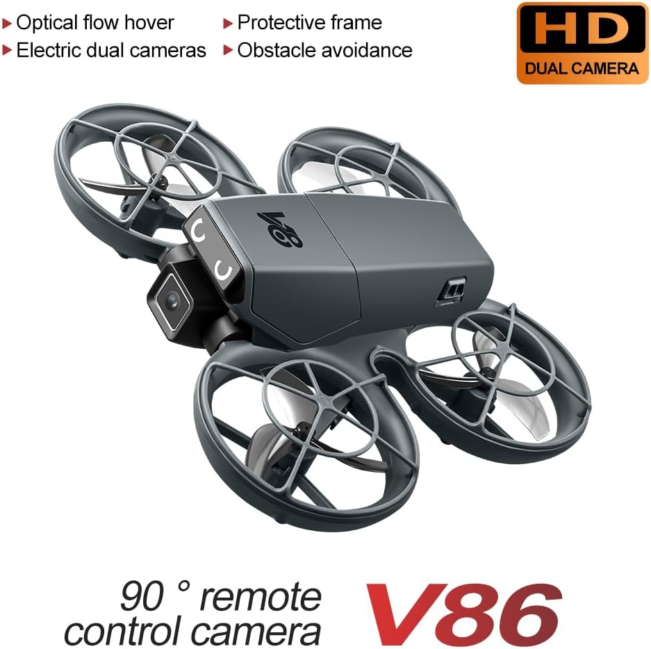 Mini Remote-Control Drone With Camera, A Quadcopter Featuring a Full-Guard Propeller Design to Reduce Collision Risks, With Cool LED “Eye” Lights and Flashing Tail Lights. Obstacle Avoidance, Optical Flow Positioning, 90° Adjustable Camera, Altitude Hold, 360° Flips, One-Key Takeoff/Landing, and Headless Mode. Comes With 2 Batteries, Ideal for Beginners and Leisure Entertainment RC Small Airplane For Age 8-12
