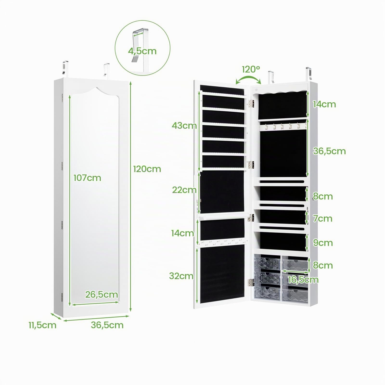 GYMAX Armadietto Portagioie da Parete, con Luci a LED e Specchio, 6 Cassetti, Serratura di Sicurezza, Grande Spazio per Collane e Gioielli, 36,5 x 11,5 x 120 cm (bianco)
