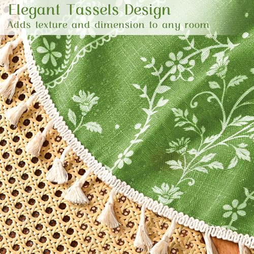 Image of Yinhua Boho Kitchen Curtains 36 Inch Length Vintage Linen Cafe Curtains Light Filtering Bohemian Floral Tier Rod Pocket Farmhouse Rustic Tassel Small Drapes with Tiebacks, 2 Panels, Green