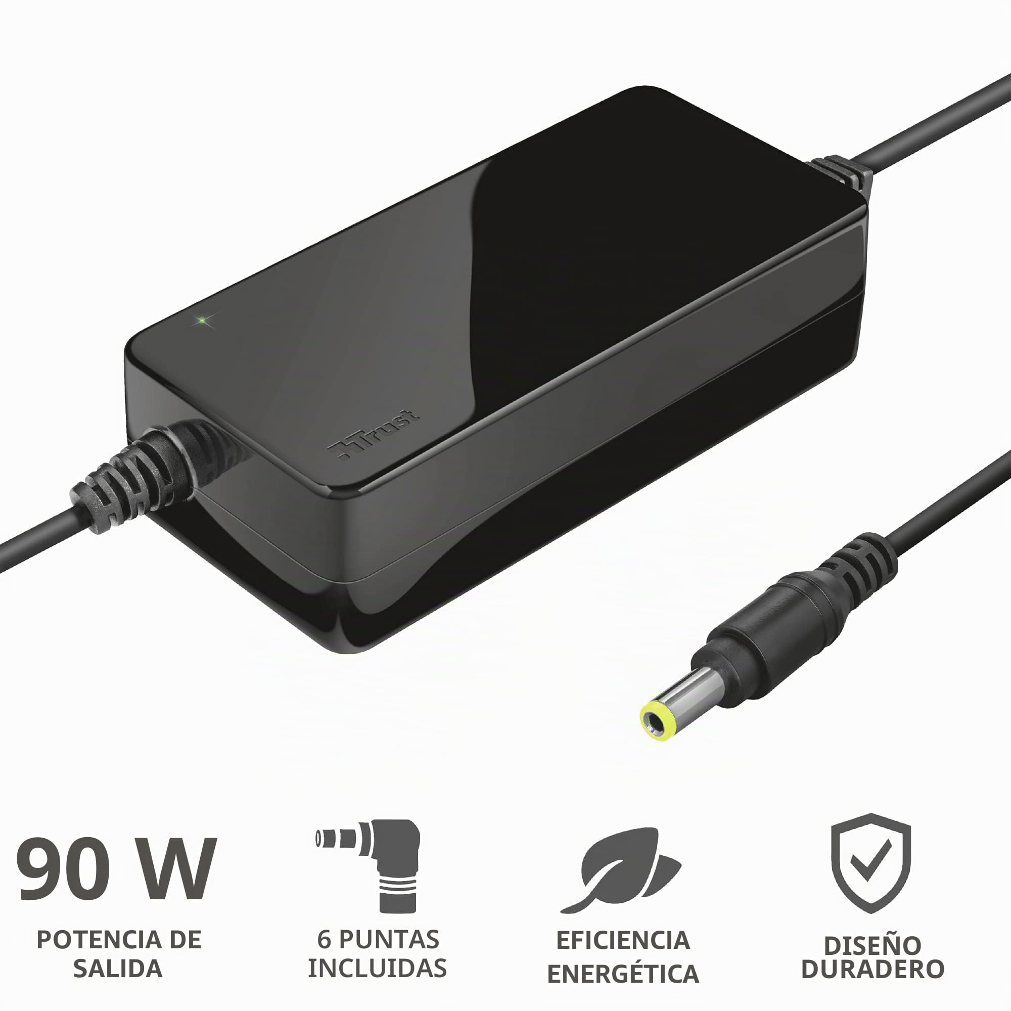 Trust Primo Cargador Universal para Ordenador Portátil de 90 W, Negro | Cargador universal, 90W, Diseño de Consumo Eficiente de Energía