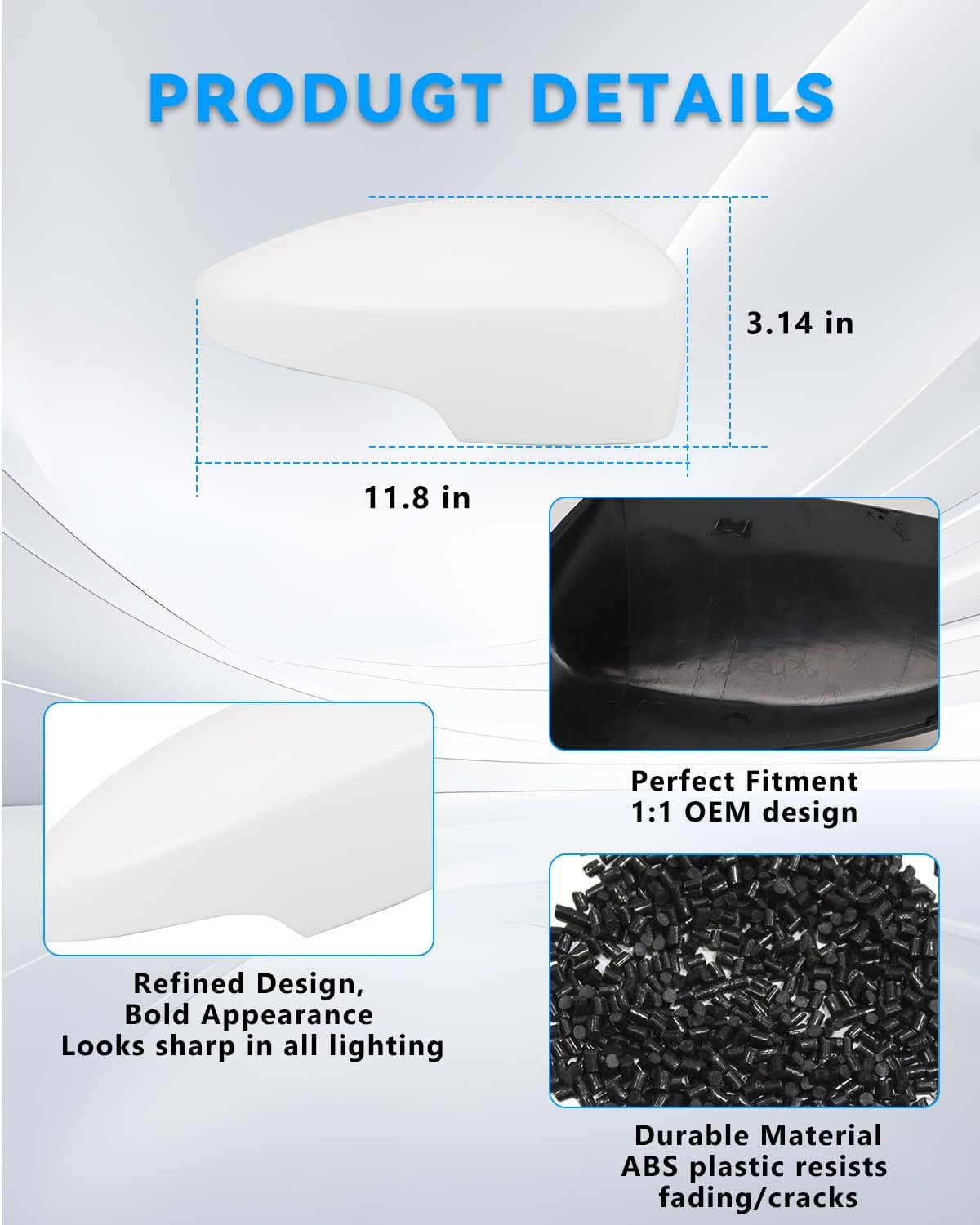 Mirror Cover Caps Trims for Fo-rd Focus RS ST MK3 2012 2013 2014 2015 2016 2017 2018, Mirror Cover Horn Clip-on Left Driver and Right Passenger（White）