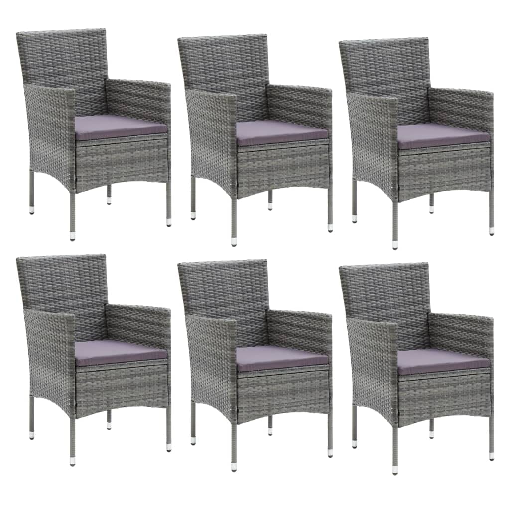 Set da pranzo da giardino in polyrattan grigio, con 6 sedie e tavolo in vetro, cuscino confortevole per terrazza, balcone, esterno