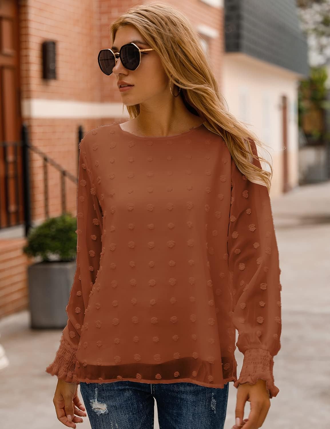 Blooming Jelly Womens Chiffon Blouses Elegant Lantern Long Sleeve Round Neck Top Pom Pom Shirts