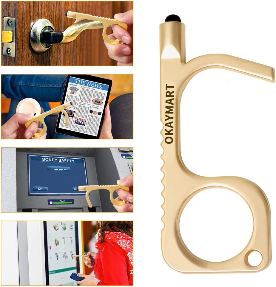 2 Pack No touch Door Opener,Non-cotact Keychain Tool with Stylus Tips for Touchscreens, Handles, Buttons,Touchless Pusher,2 Colors Assorted(Black,Gold)