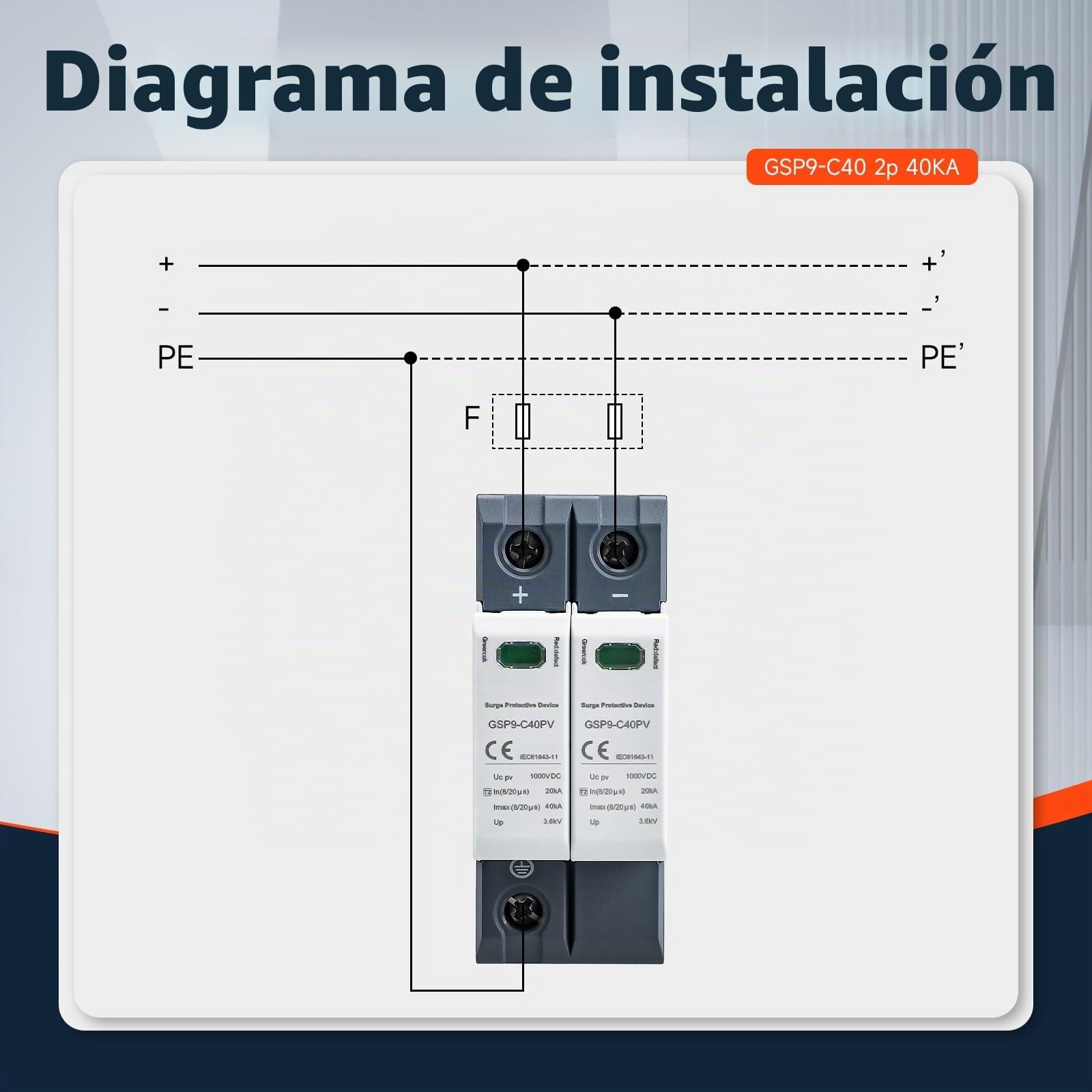 Descargador de sobretensión 2P 40KA 600VDC para corriente continua, dispositivo de protección contra sobretensiones y rayos, adecuado para fotovoltaicos y circuitos domésticos de baja tensión