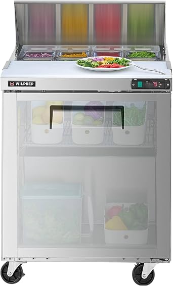 Wilprep 29" W Sandwich Prep Table Refrigerator, Commercial Refrigerator Stainless Steel Salad Bar ETL Certified 1 Door Counter Fan Cooling Refrigerator with 8 GN 1/6 Inches for Restaurant, Bar, Shop