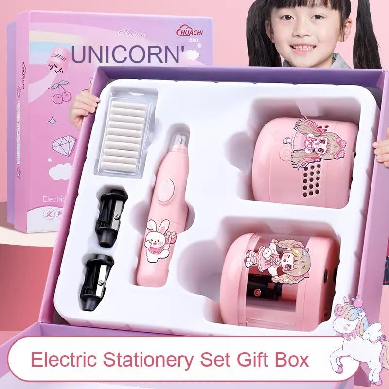 Image of Magicwand Battery Operated Pencil Sharpener,Electric Eraser,Vacuum Cleaner Stationery Set with 10 Eraser Refills for Kids,Adults for Home Office School【Crane Pink】