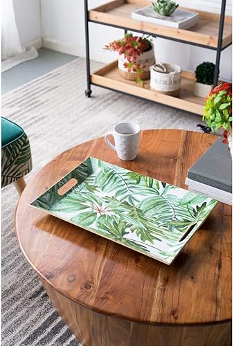 A & B Home Bandeja decorativa de desayuno rectangular con estampado de hojas verdes con asas, plástico seguro para alimentos, 11.80 x 1.4 x 18