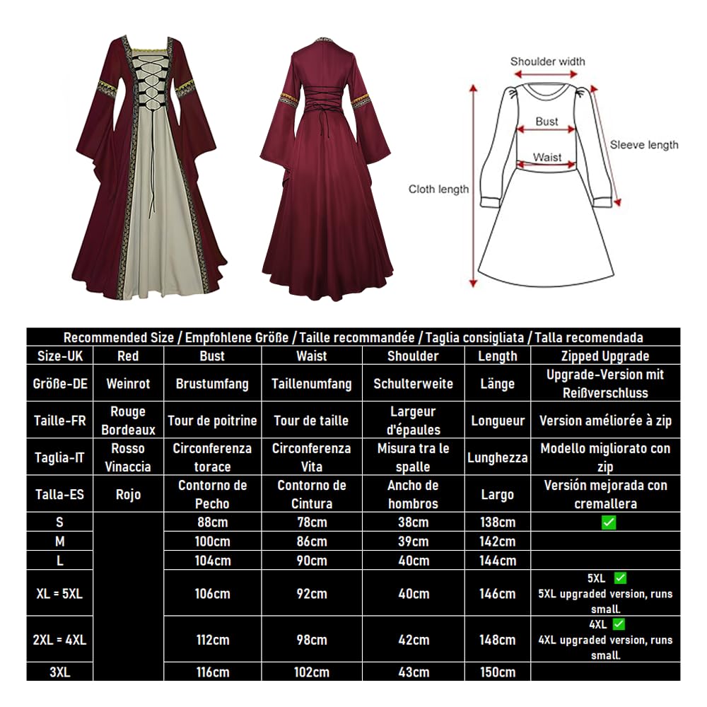 Feynman - Abito medievale retrò, stile gotico da palazzo, da donna, maniche a tromba, costume per festa rinascimentale