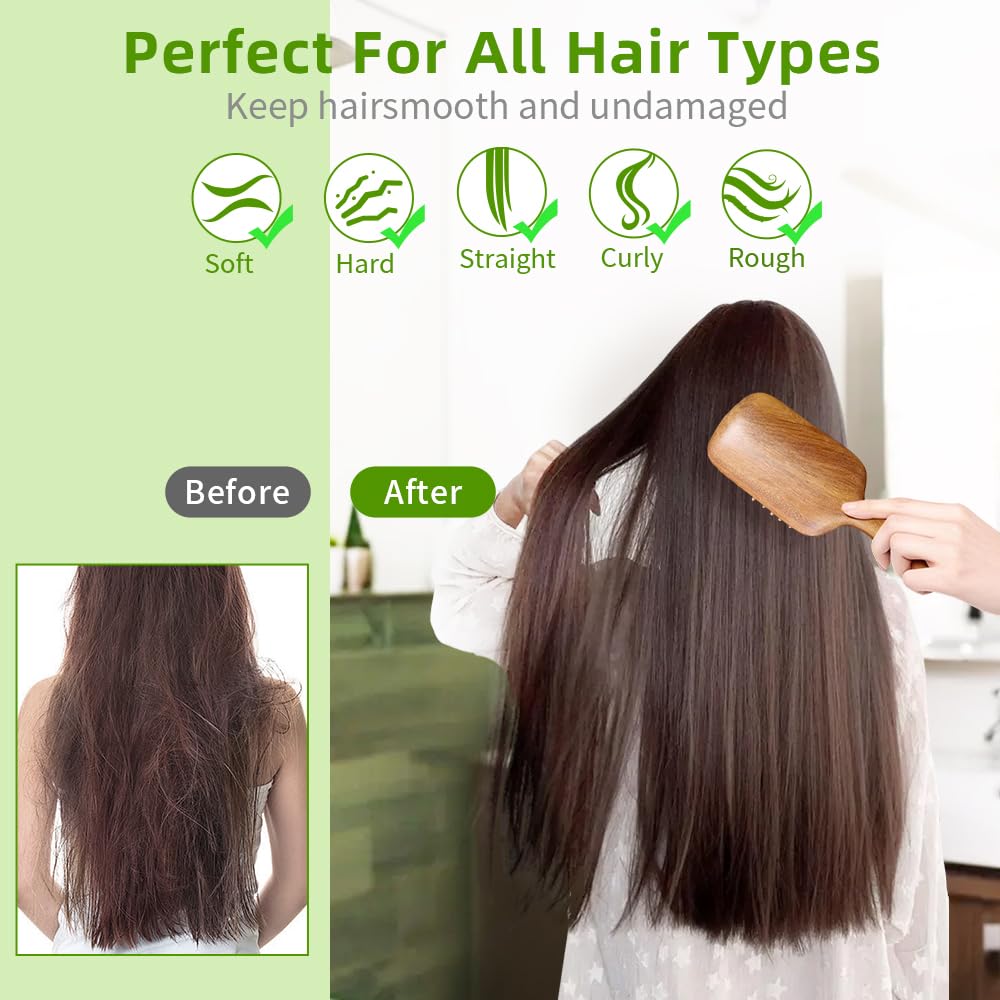 Haarbürsten für Damen, Herren, Kinder, natürliches grünes Sandelholz, Holzhaarbürste mit ergonomischem Griff, verbessert den Glanz, entwirrende Haarbürste für trockenes, lockiges, dickes, dünnes