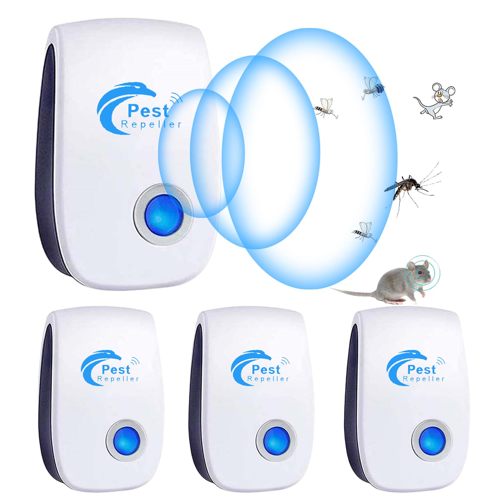 Repelente Ultrasónico de Plagas, 4 Pack Electrónico Repelente Mosquitos Insectos Control de Plagas,Repelente Ultrasónico Ratas para Interiores Anti Cucarachas, Moscas, Mosquitos, Ratones, Arañas