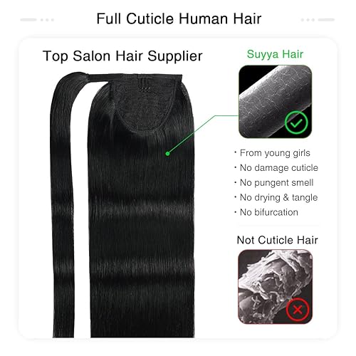 Miniatura 5 de SUYYA Extensión de cola de caballo con clip, pieza de cabello humano lacio con pasta mágica, 2.47 onzas, 14 pulgadas, color negro azabache #1