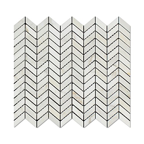 Calacatta Gold (Italian Calacutta) Marble Mini Chevron Mosaic Tile with Calacatta Gold Marble Strips, Honed