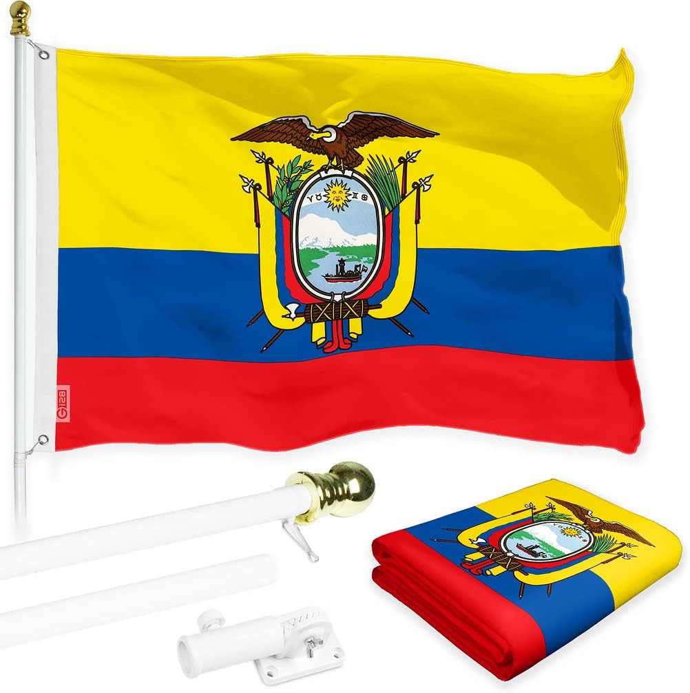 G128 Combo Pack: 6 Ft Spinning Flagpole (White) & Ecuador Flag 3x5 Ft Printed 150D Polyester, Brass Grommets (Flag Included) Aluminum Flag Pole
