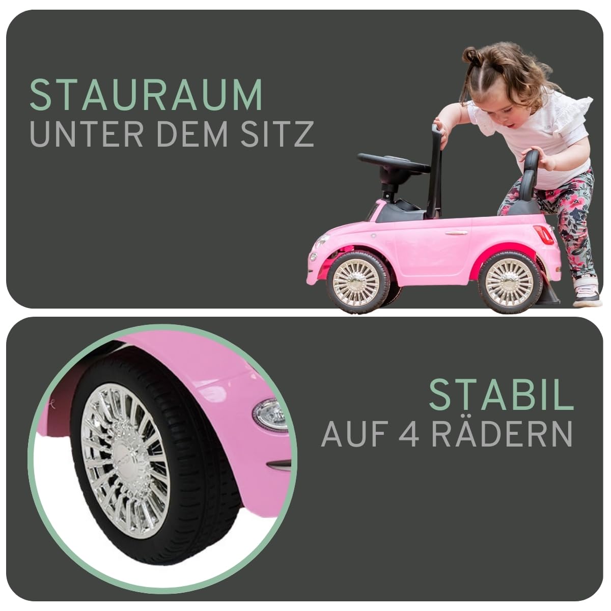 Bandits & Angels Rutschauto FIAT 500 Retro Pink ab 1 Jahr für Mädchen – Rosa Rutschauto für Kinder – mit Hupe – für drinnen und draußen