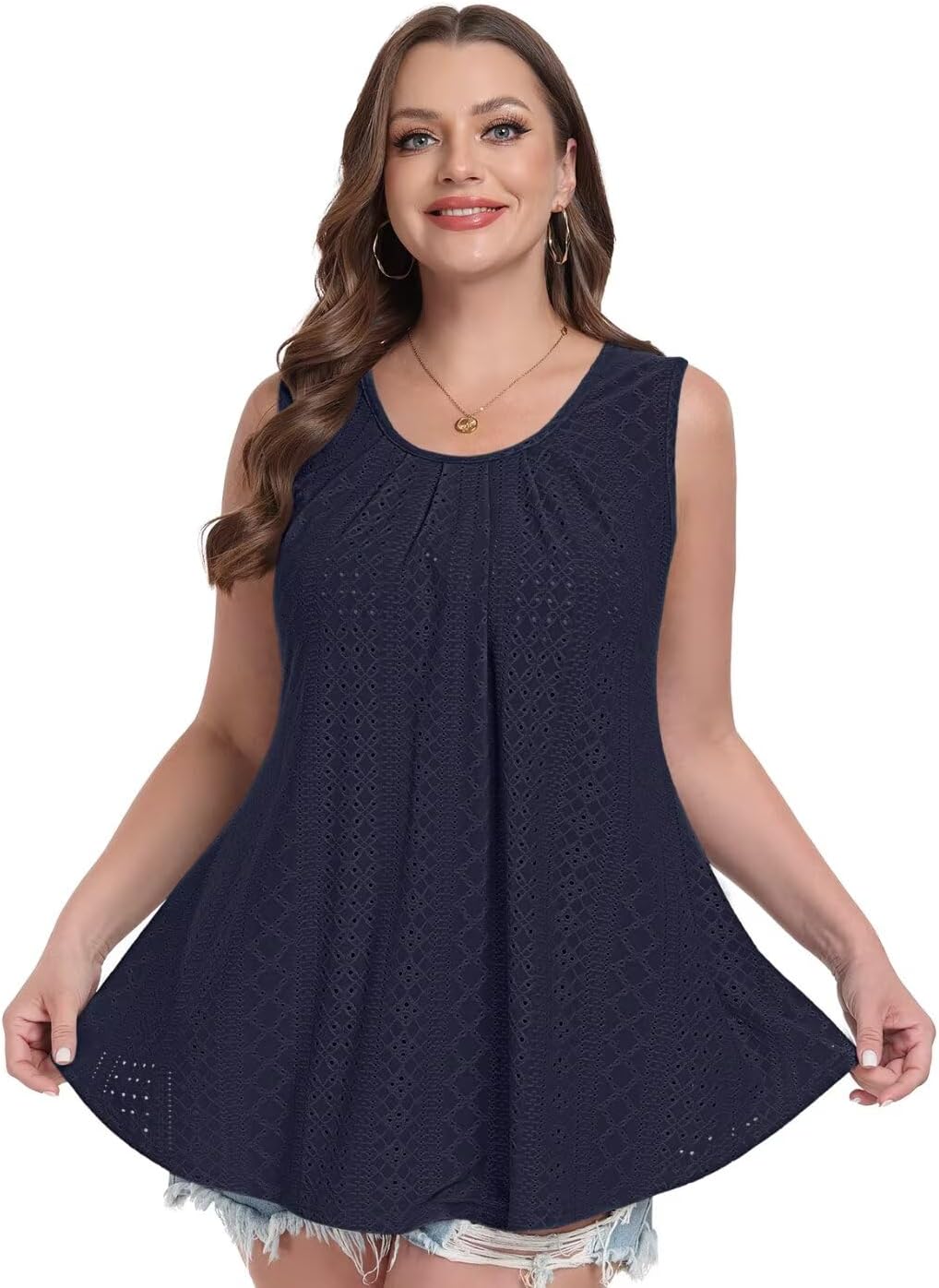 MONNURO Plus Size Tank Tops Summer Tops Eyelet Sleeveless T-Shirts Scoop Neck Loose Flowy Casual Tunic Shirts - Image 4