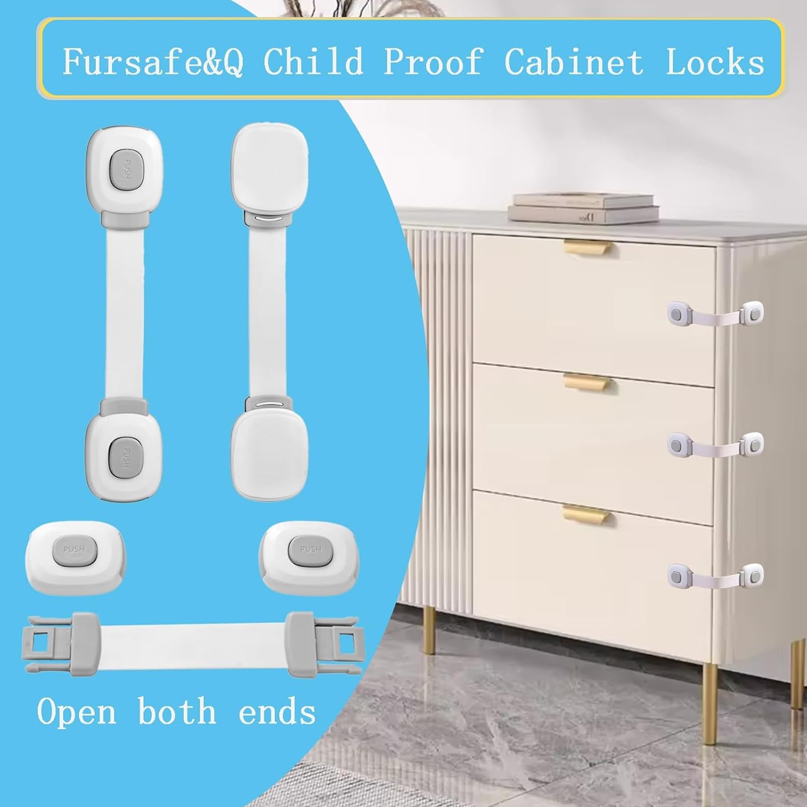 Fursafe&Q Cerraduras de gabinete de bebé, a prueba de gabinete de seguridad para niños, cerraduras adhesivas para cajones, nevera, hornos, puertas, inodoros, sin taladro, multiusos para muebles,