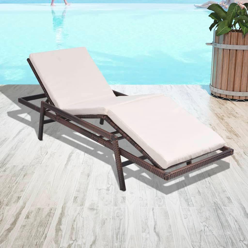 Sun Lounger with Cushion,Outdoor Lounge Chairs,Garden Sunlounger,Sunbathing Recliner,Beach Lounge Chair,Outdoor Sofabed,Easy Assembly,for Beach,Patio,Backyard, Poly Rattan Brown