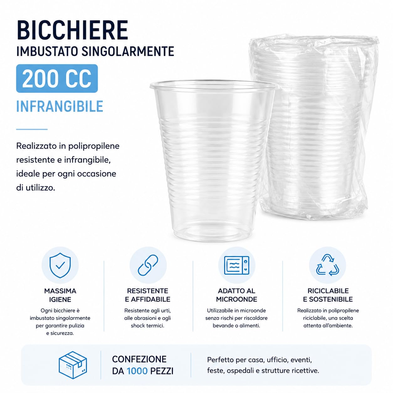 Bicchieri Trasparenti Imbustati Singolarmente per Hotel e B&B, Bicchieri Monouso Infrangibili per Linea Cortesia Camera, Confezione da 1000 Pezzi da 200 Cc