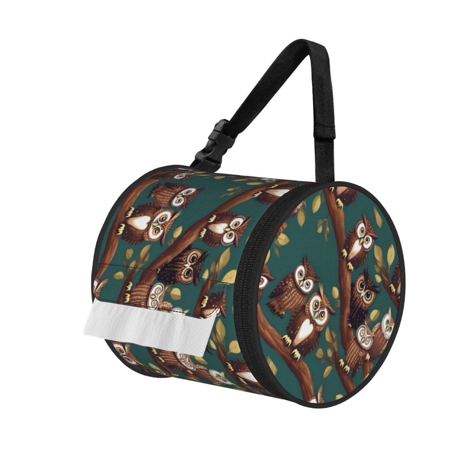 Jiuty Black Many Owls On Tree Branches Print Cylinder Tissue Organizer Bag With Strap, Portable Toilet Roll Holder For Camping Car