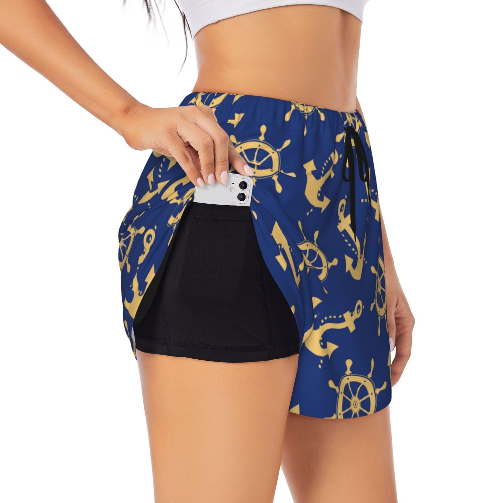 Running Shorts for Women - Anchors and Nautical Athletic Workout Gym Yoga Shorts with Liner Pockets Black