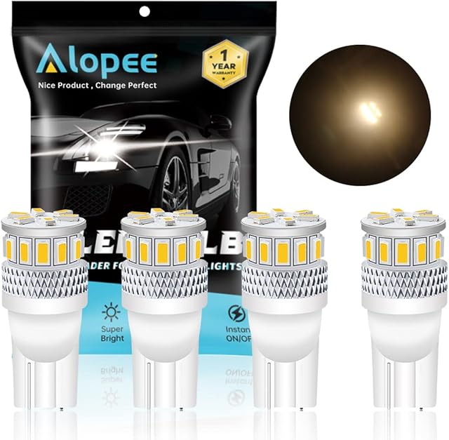 ALOPEE-(Pack of 4) Warm White LED Car Interior Lighting Replacement Lamps for Stock#T10 194 168 W5W 2825 501 Map Dome Courtesy License Plate Dashboard Side Marker Light, 18pcs 3014 Chips, 12V-24V.