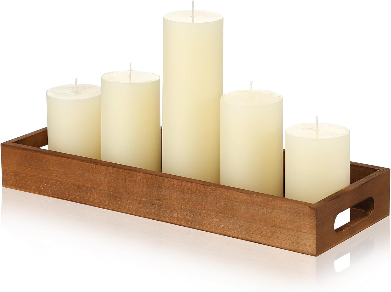 Shihanee Ivory White Pillar Candles and Long Narrow Wooden Candle Tray Set 5 Pcs Dripless Unscented Candles 1 Pcs Rustic Rectangular Centerpiece Candle Holder with Handle for Home Table Dining Kitchen
