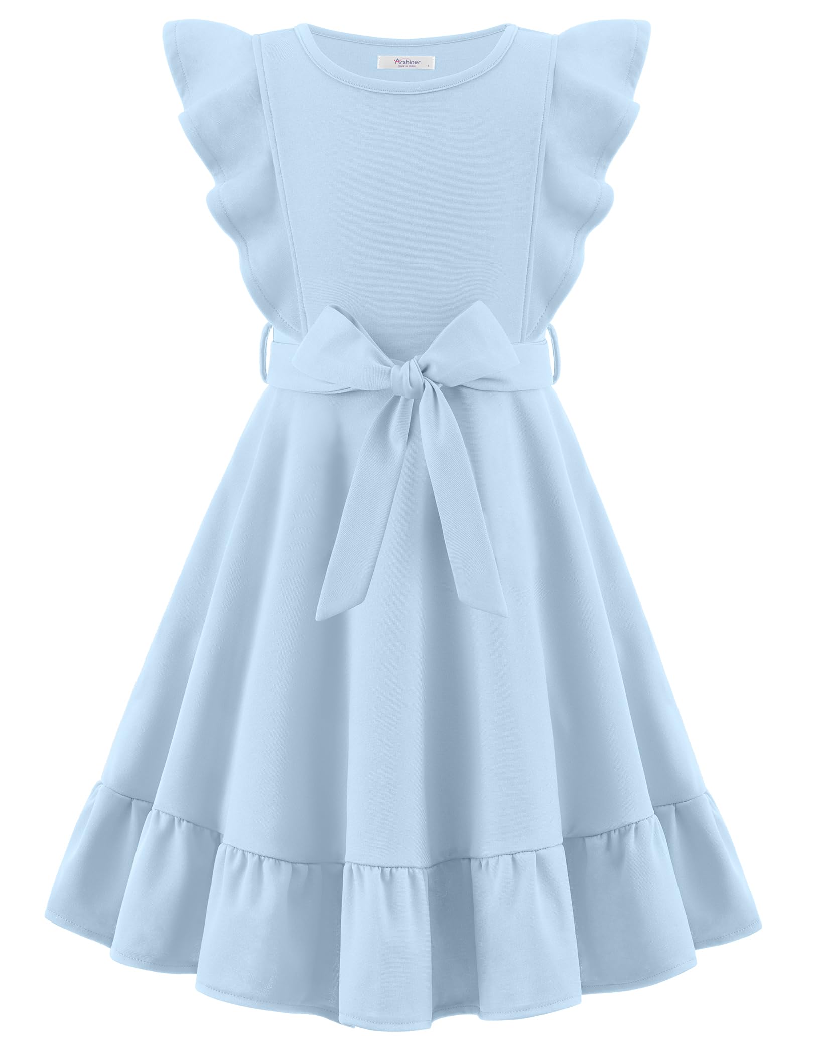 Arshiner Girls Spring Summer Dresses Flutter Sleeve A-line with Belted Pockets Casual Party Dress for Kids 6-16 Years