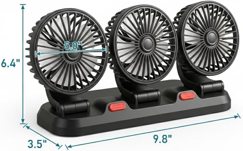 Triple Head Car Fan 5V USB Powered - 360° Rotatable Dashboard Air Circulator with 3 Speeds - Portable Vehicle Cooling Fan - Strong Wind Quiet Auto Fan for Car, SUV Truck (USB-5V-Triple)