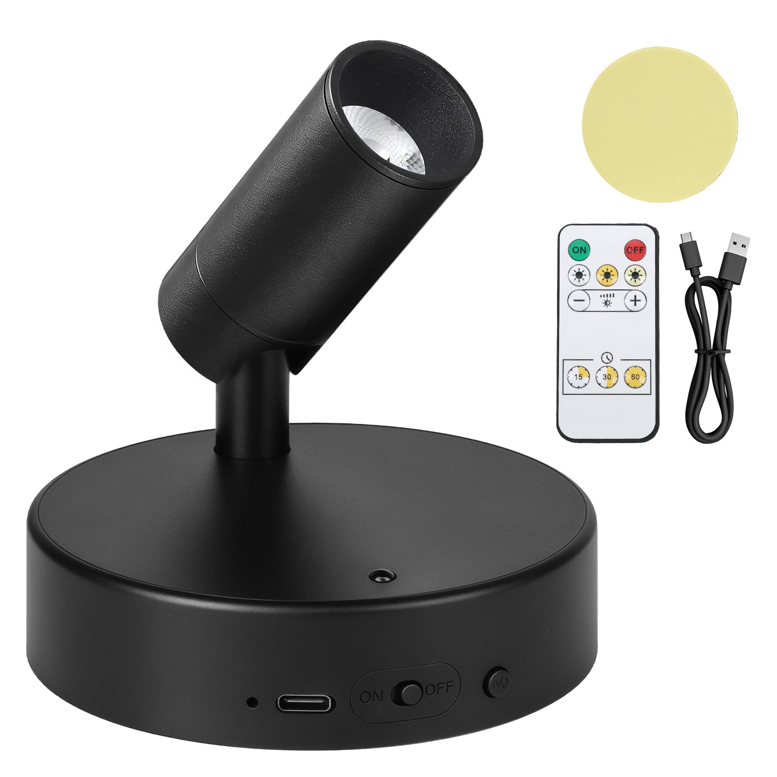 Ketom Aplique Pared Interior Regulable, Lampara Pared sin Cable, Foco LED Recargable, 3 Temperaturas de Color, con Control Remoto, Giratorio, para Planta Obras Arte Habitación Estar, Negro, 1 Pieza